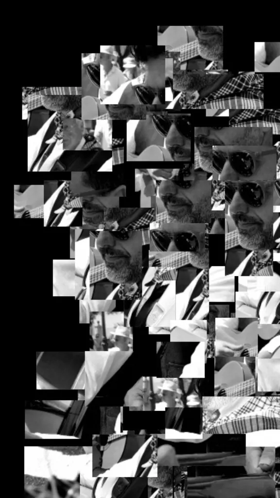 Fragmented black-and-white portrait of a musician playing guitar in sunglasses